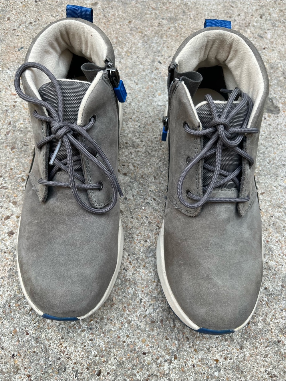 UGG kids Gray Suede Chukka Boots with Blue Pull Tabs